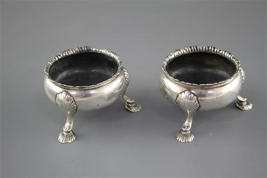 A pair of Georgian silver bun salts, circa, 1760-1780, (marks rubbed), diameter 65mm, 4.5oz.